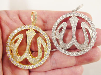 Real 925 Sterling Silver Large Muslim Allah Pendent Full ice Stone Charm
