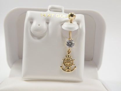 14k Real Solid Yellow Gold Dangling Steering Wheel Anchor Belly Button Ring Piercing