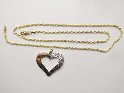 14k Real Solid Yellow Gold Two Tone Heart Pendent and Robe Necklace