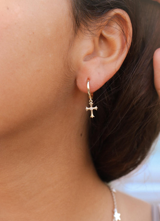 real 10k solid yellow gold cross dropping hoop huggie earring