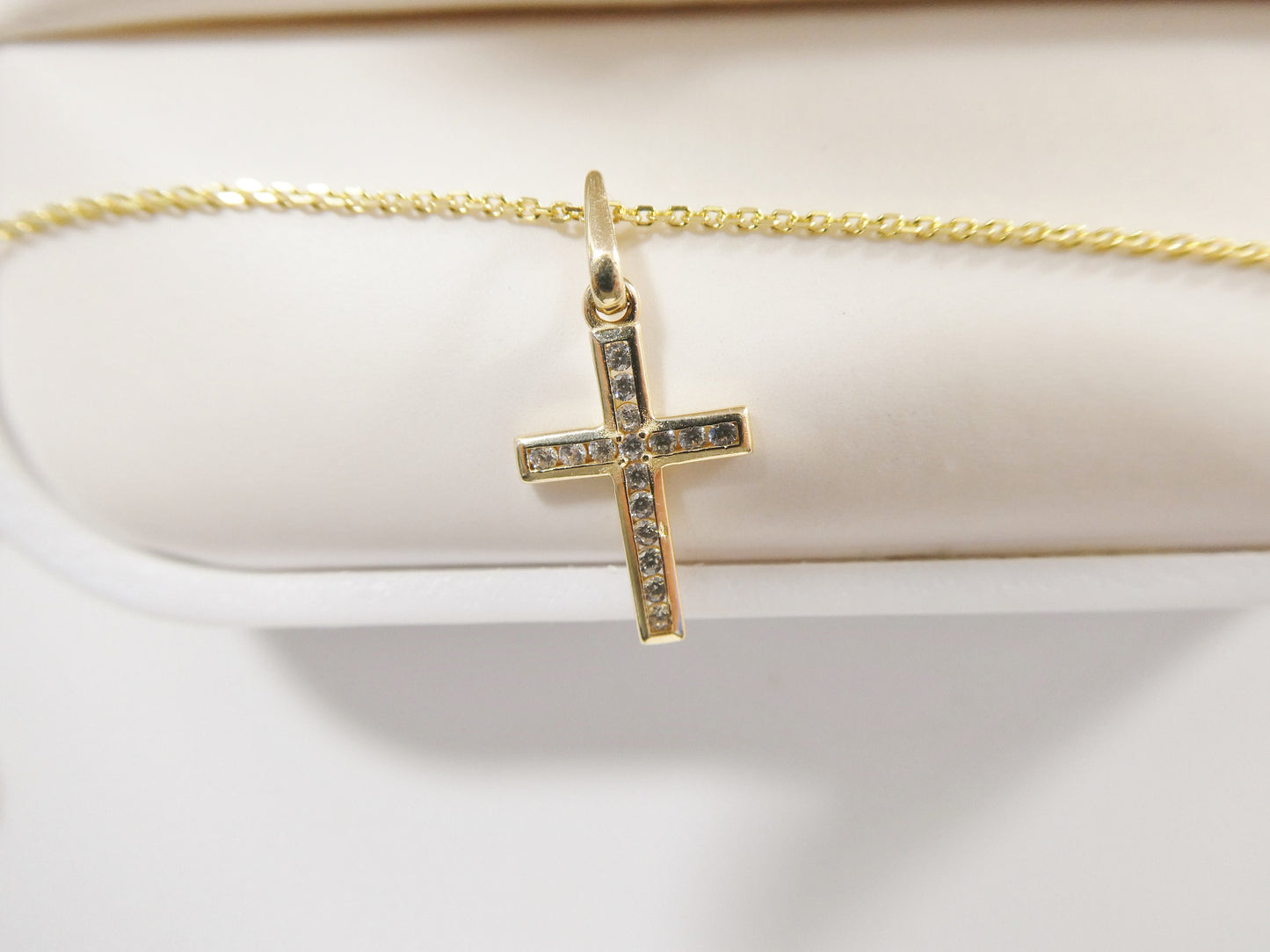 14k real solid yellow gold cross pendent and cable necklace