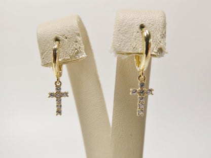 Real 10k Solid Yellow Gold Cross Dropping Hoop Huggie Earrings