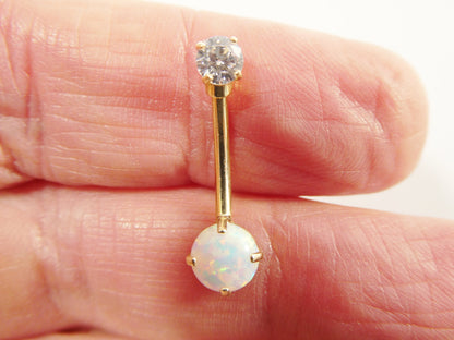 14k Real Solid Yellow Gold Opal Belly Button Ring piercing