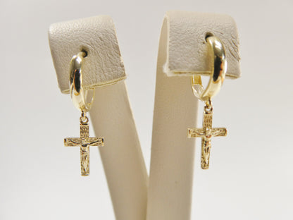 Real 10k Solid Yellow Gold Cross Dropping Hoop Huggie Earrings