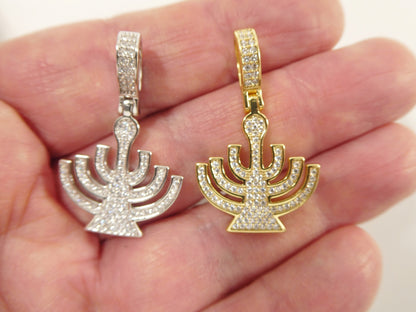 Real 925 Sterling Silver Menorah Full Stone Setting Pendent