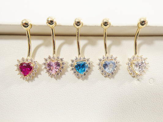 14k real solid yellow gold color stone heart belly button ring piercing