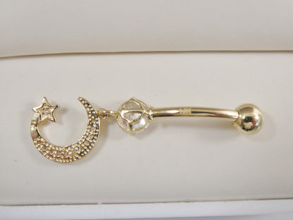 14k Real Solid Yellow Gold Dangling Moon And Star Belly Button Ring Piercing