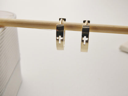 Real 10k Solid Yellow Gold Cross Engraved Hoop Huggie Earring