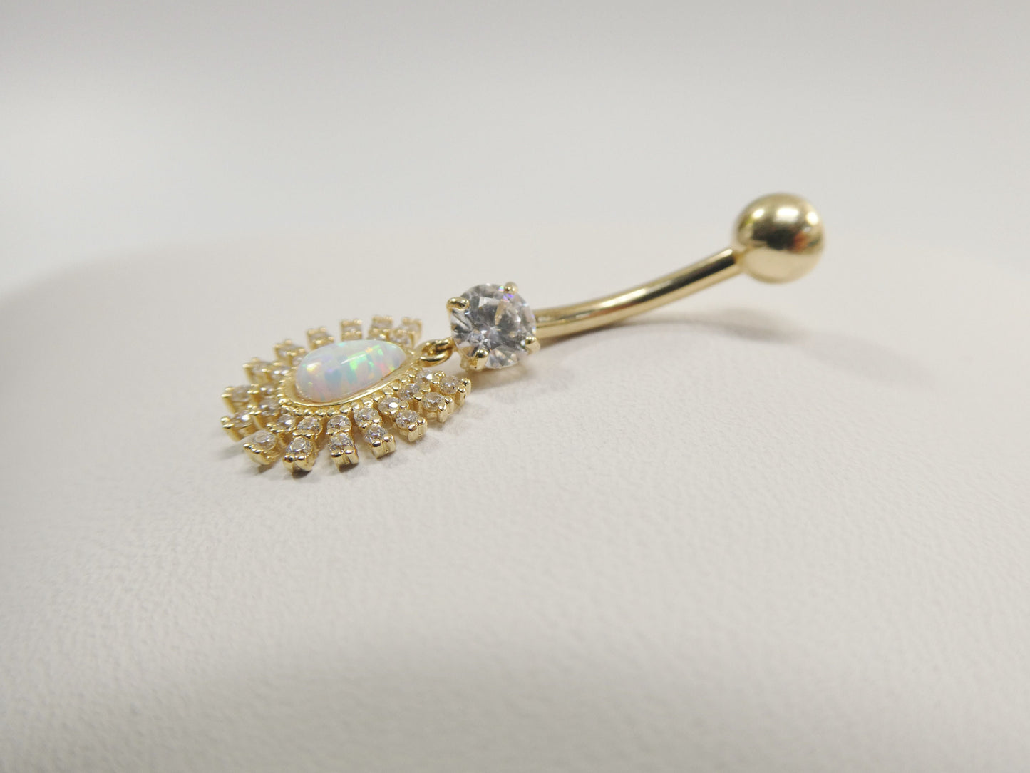 14k real solid yellow gold dangling barbell opal belly button ring piercing