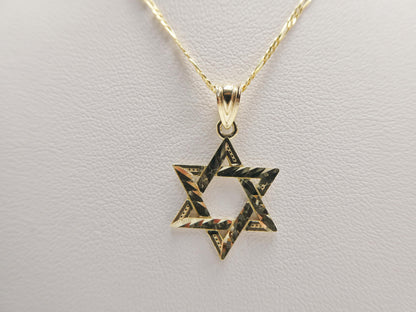 10k Yellow Gold Star of David Pendant Necklace: 18 inch Figaro Chain