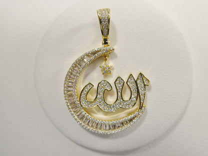 Real 925 Sterling Silver Large Muslim Allah Pendent Baguette Stone Charm