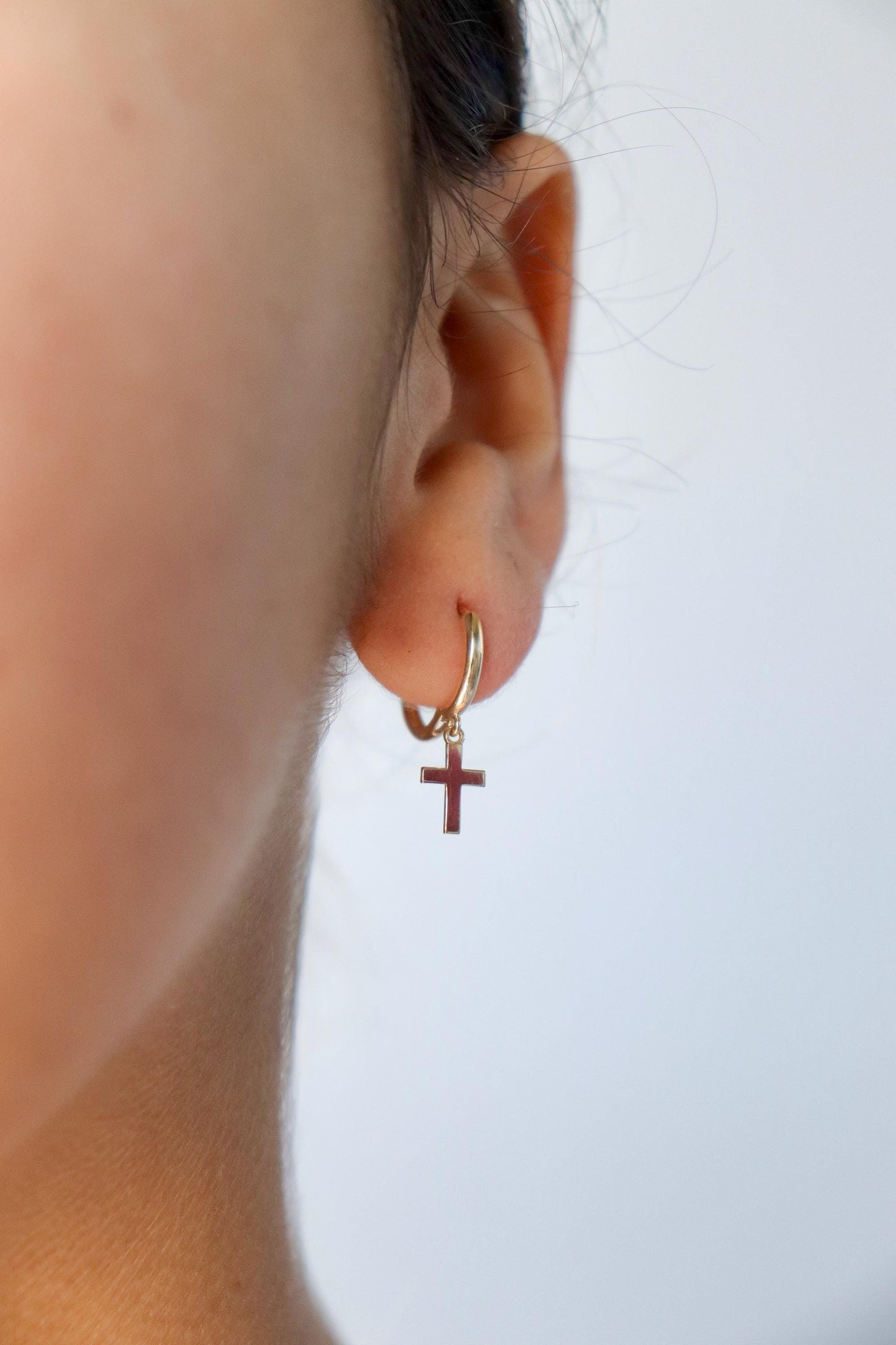 real 10k solid yellow gold cross dropping hoop huggie earrings