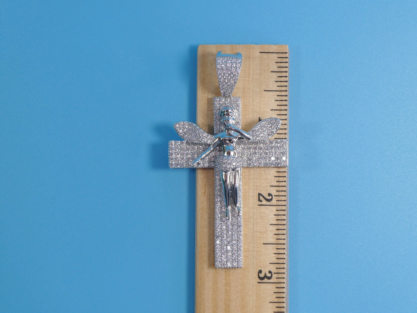 14k white gold color tone chain and large angel cross charm pendent over real 925 sterling silver