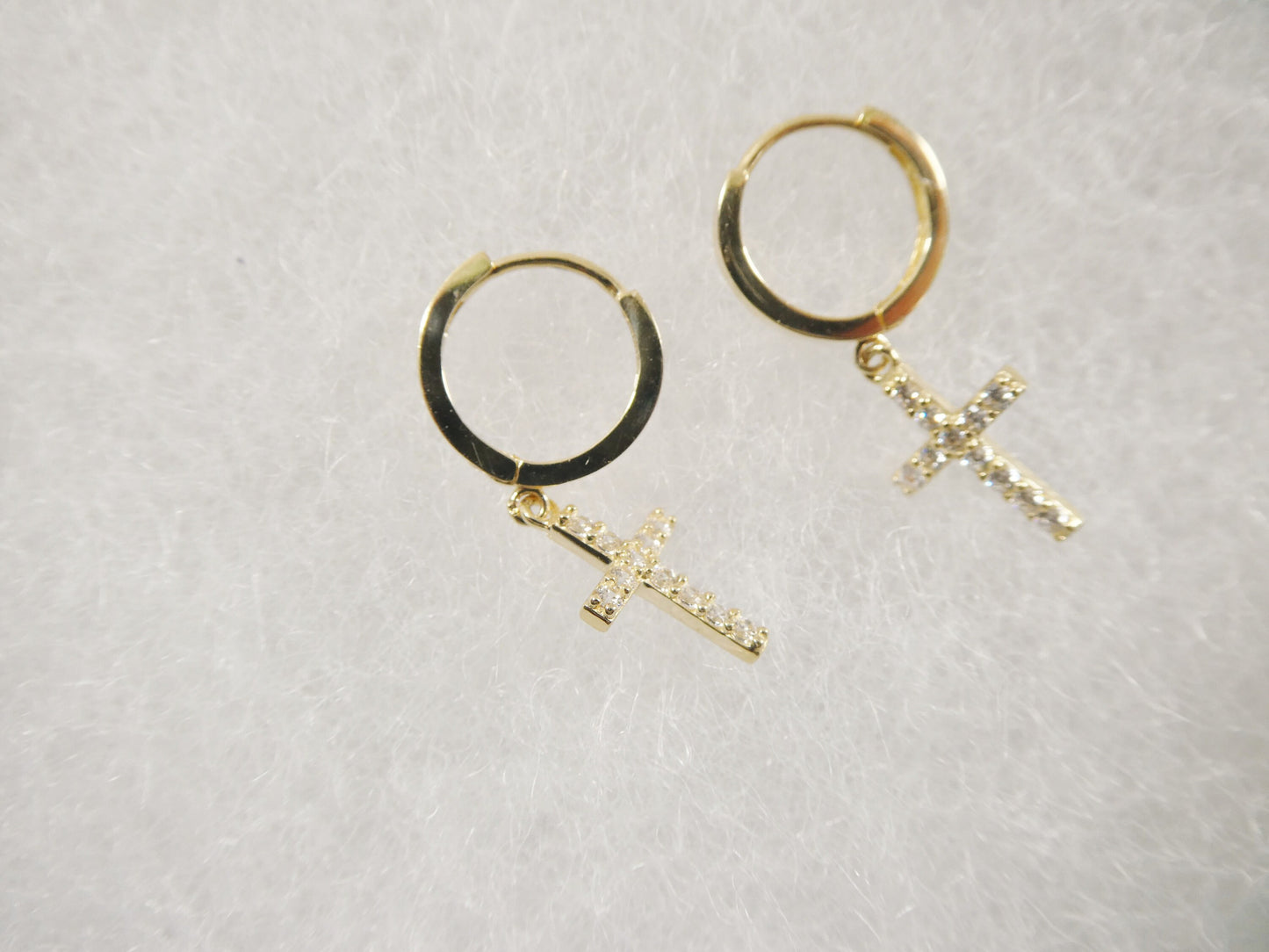 real 10k solid yellow gold cross dropping hoop huggie earring