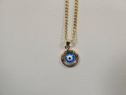 Real 14k Solid Yellow Gold 16 Inch Curb Chain and Evil Eye Pendent Charm