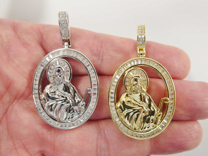 Real 925 Sterling Silver Oval Saint Judas Baguette Stone Setting Pendent
