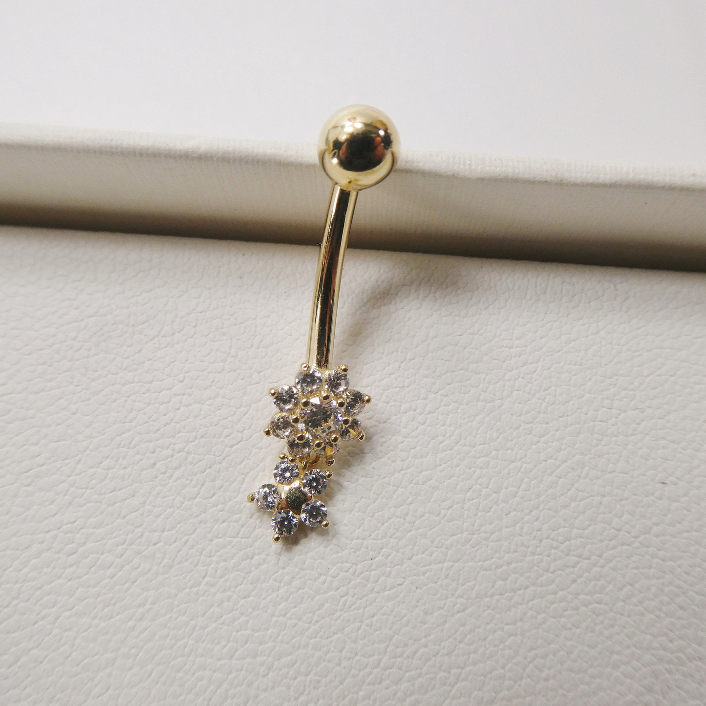 14k Real solid Yellow Gold Flower Bar Belly Button Ring Piercing