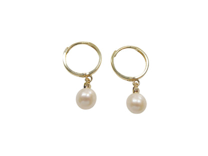 Real 10k Solid Yellow Gold Cultured Freshwater Pearl Hoop Huggie Earrings