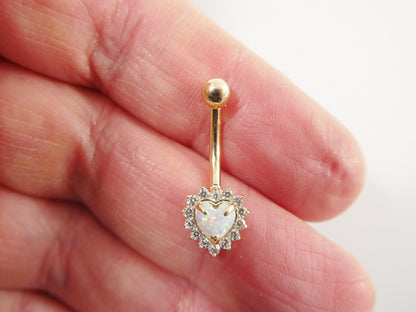 14k Real Solid Yellow Gold Heart Opal Belly Button Ring Piercing
