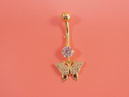 14k Real Solid Yellow Gold Dangling Butterfly Belly Vutton Ring Piercing