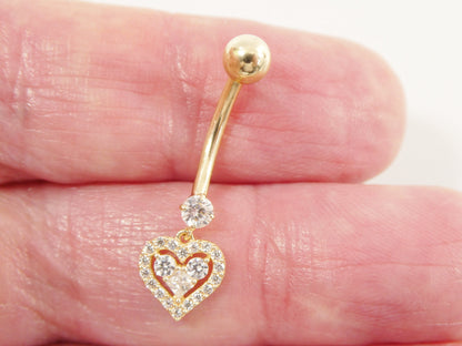 14k Real Solid Yellow Gold Dangling Heart Belly Button Ring Piercing
