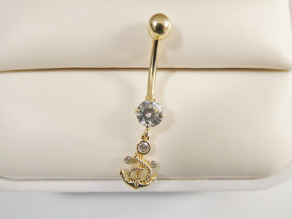 14k Real Solid Yellow Gold Anchor Dangling Belly Button Ring Piercing