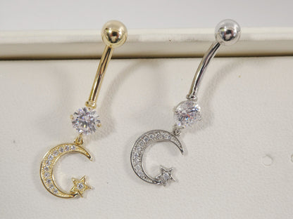 14k Real Solid Yellow Gold Dangling Moon And Star Belly Button Ring Piercing