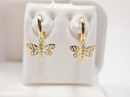 Real 10k Solid Yellow Gold Butterfly Hoop Huggie Earrings