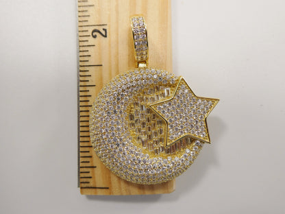 Real 925 Sterling Silver Large Muslim Moon & Star Pendent Full Ice Stone Charm