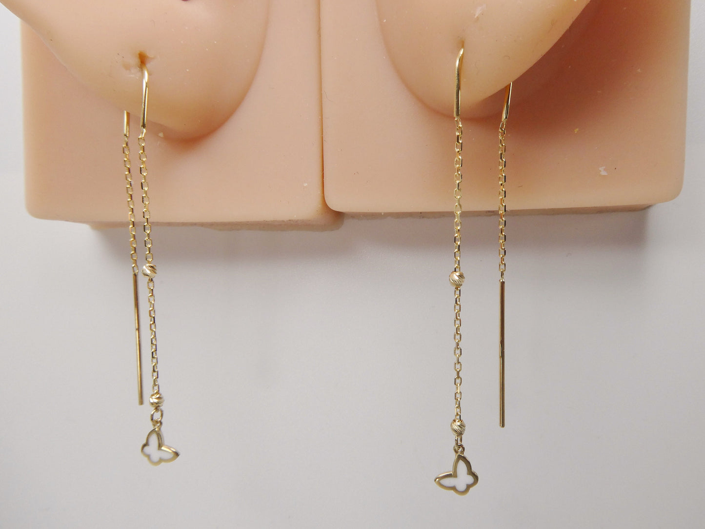 14k real solid yellow gold butterfly enamel long dangling earrings