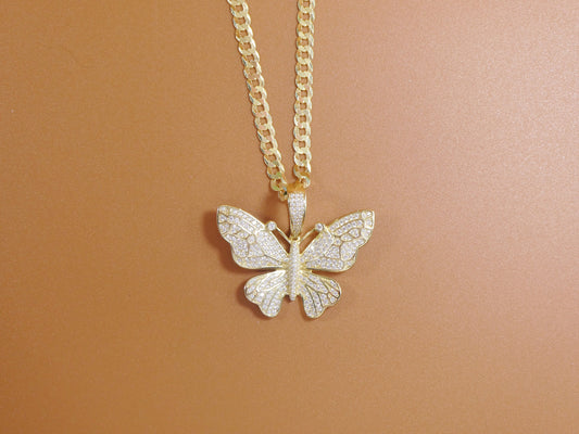 14k Yellow Gold Color Tone Chain and Large Butterfly Charm Pendent Over Real 925 Sterling Silver