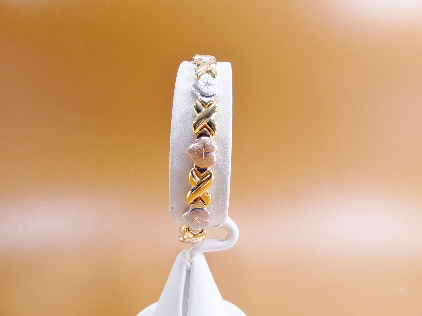 6.5 7/ 8 inch xoxo heart stampato bracelet tri color tone 14k yellow gold color finish over real 925 sterling silver