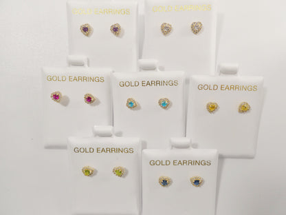 10k Real Solid Yellow Gold Screw Back Children Birth Stone Earrings Heart Shape