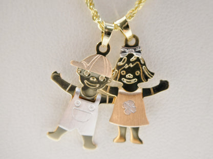 14k Real Solid Yellow Gold Boy Girl Pendent and Robe Necklace