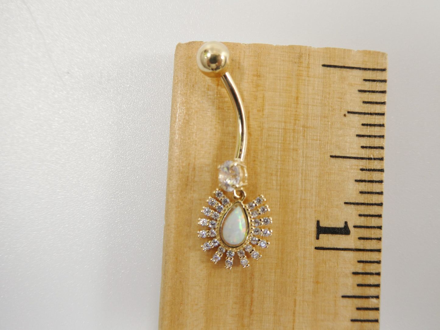14k real solid yellow gold dangling barbell opal belly button ring piercing