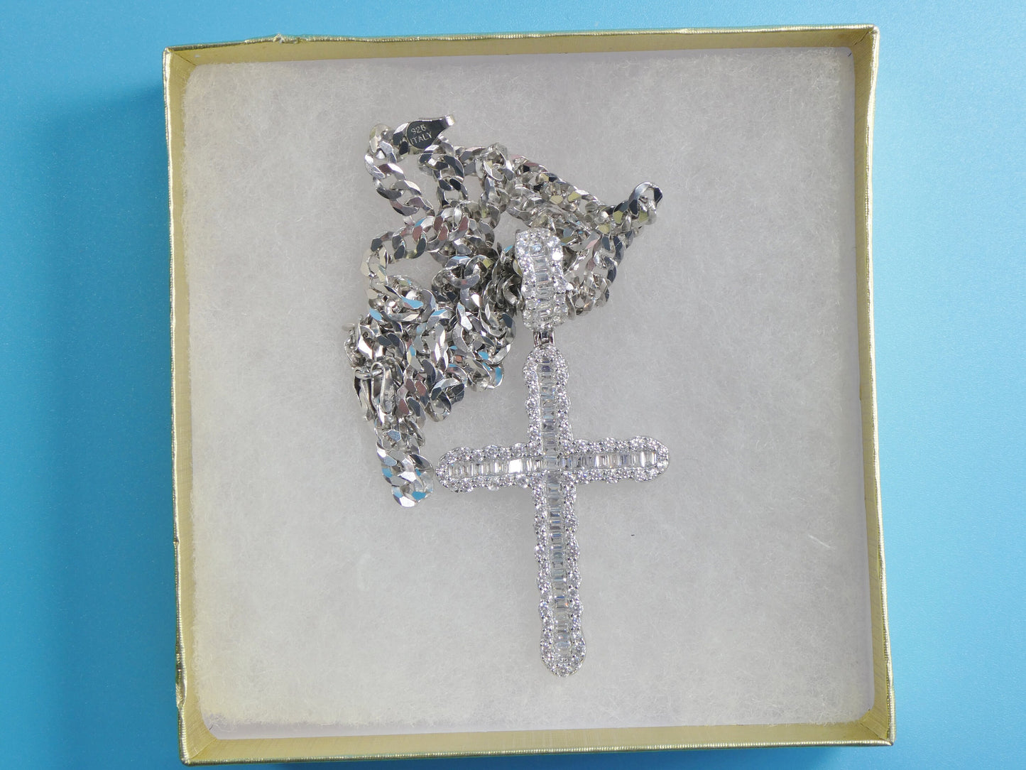 14k white gold color tone chain and large cross charm pendent over real 925 sterling silver