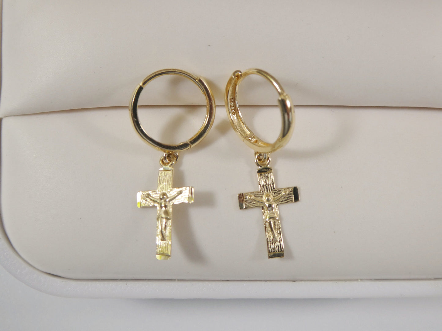 real 10k solid yellow gold hoop huggie dangle cross earrings