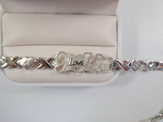 real 925 sterling silver I love you xo x heart stampato bracelet 14k white gold finish