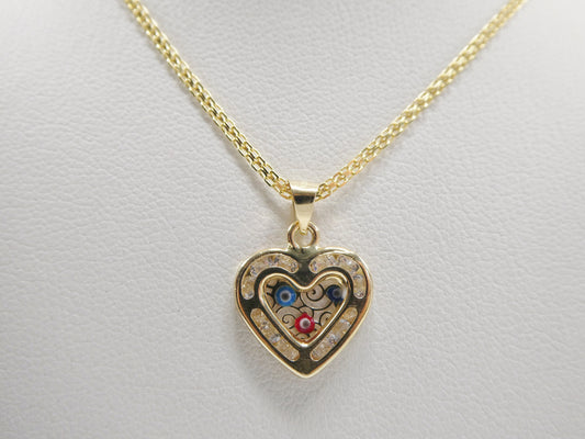 real 14k solid yellow gold 16 inch Bismarck chain and evil eye heart pendent