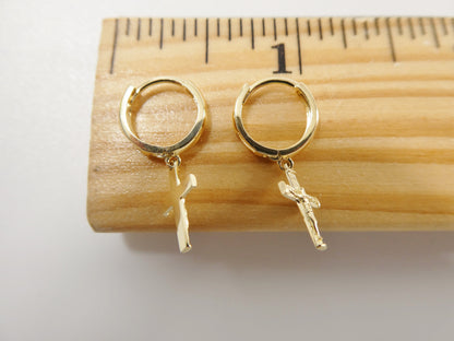 Real 10k Solid Yellow Gold Cross Dropping Hoop Huggie Earrings