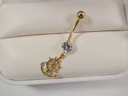 14k Real Solid Yellow Gold Dangling Steering Wheel Anchor Belly Button Ring Piercing