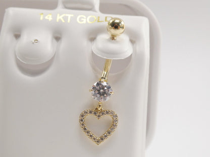 14k Real Solid Yellow Gold Dangling Heart Belly Button Ring Piercing