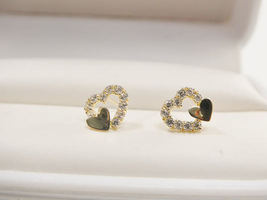 real 10k solid yellow gold double heart  push post stud earring