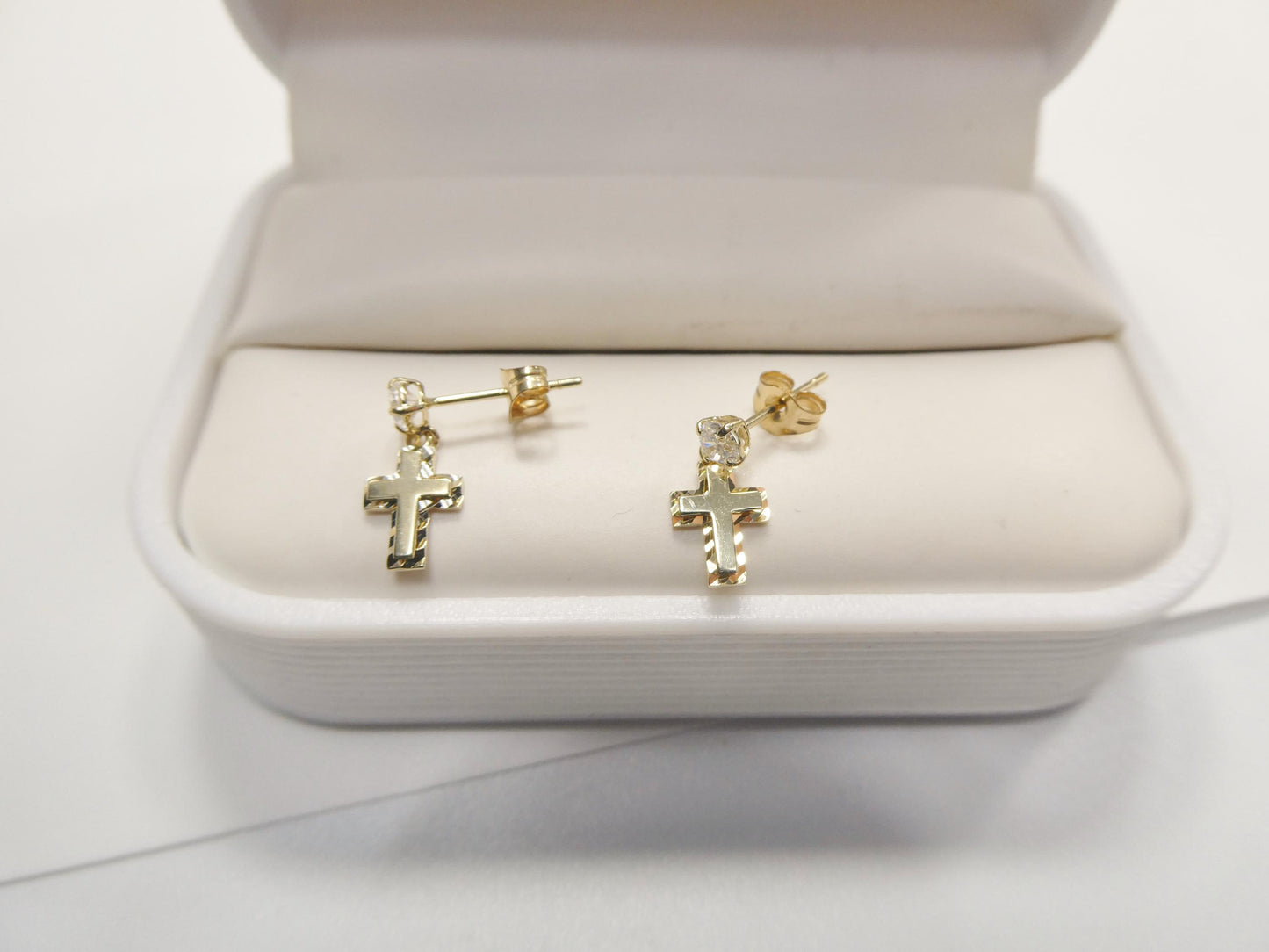 real 10k solid yellow gold cross dropping push post earrings