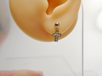 Real 10k Solid Yellow Gold Cross Dropping Push Post Earrings