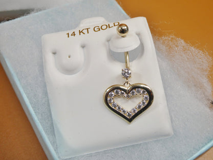 14k Real Solid Yellow Gold Heart Dangling Belly Ring