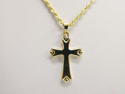 14k Real Solid Yellow Gold Super Polish Cross Pendent and Robe Necklace