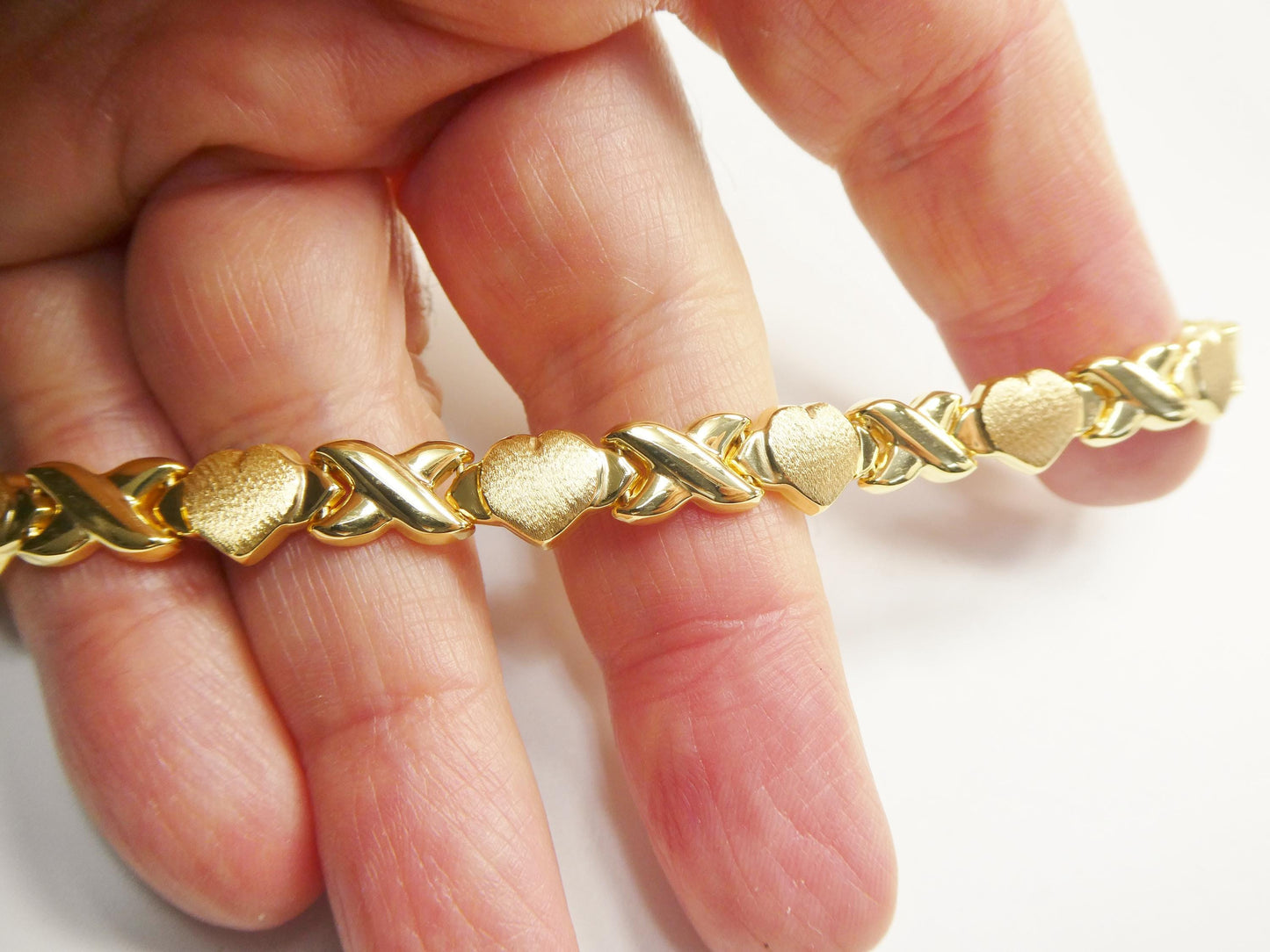 real 925 sterling silver x heart bracelet 14K yellow gold satin finish