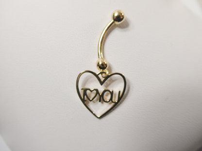 14k Real Solid Yellow Gold Heart I Love You  Belly Button Ring Piercing