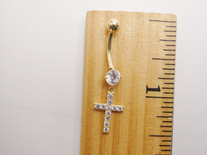 14k Real Solid Yellow Gold Dangling Cross Belly Button Ring Piercing